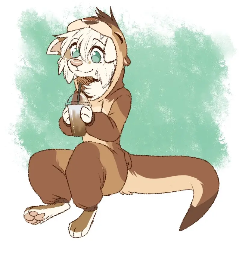 An anthropomorphic animal character with light brown fur and green eyes, wearing a brown hooded onesie, sits cross-legged…