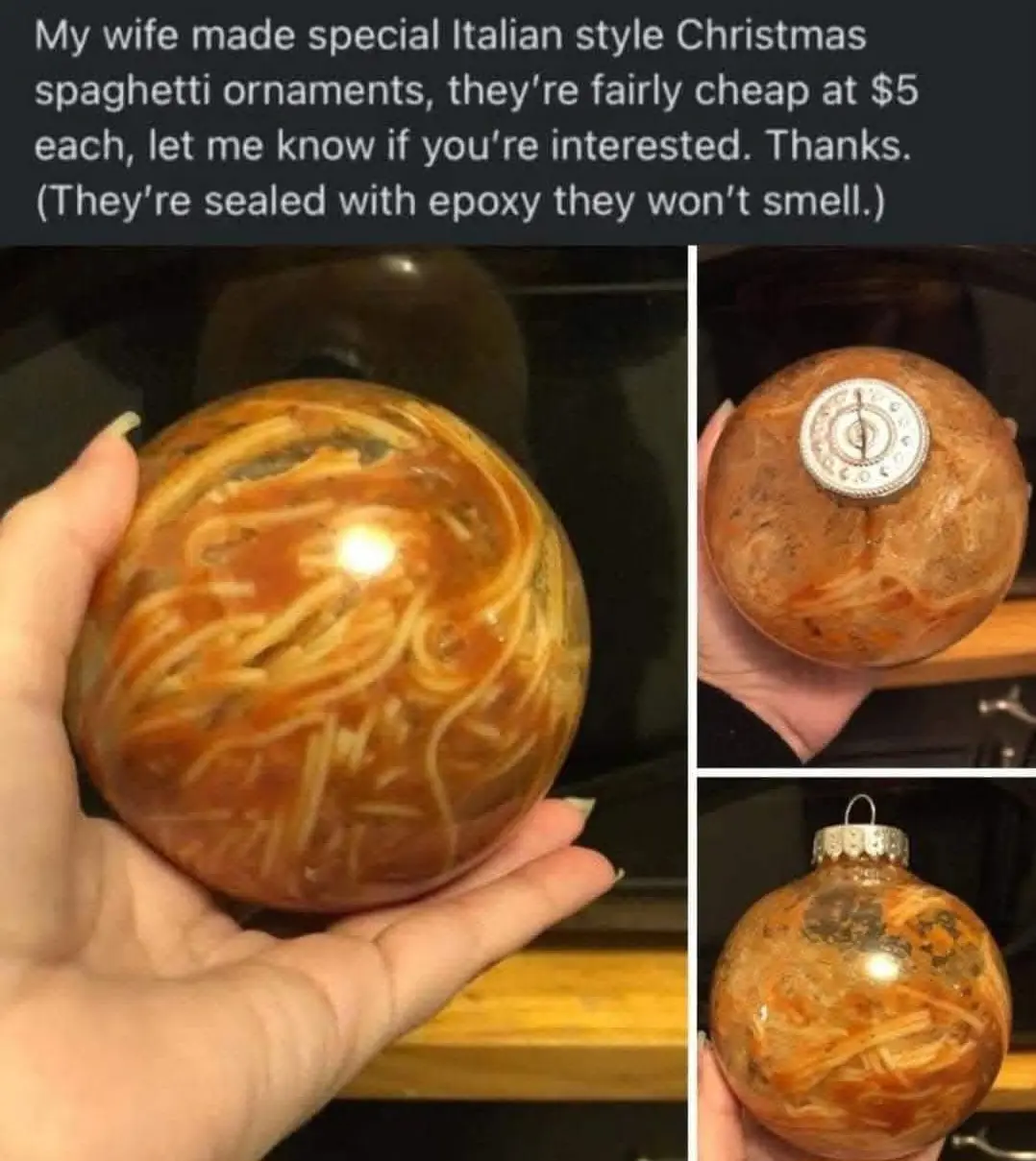 A collage of three photos shows a hand holding a round, transparent Christmas ornament filled with spaghetti and sauce…