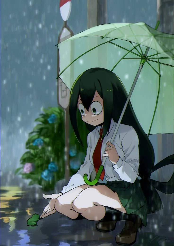 An anime girl with long black hair, wearing a white shirt, red tie, and green skirt, sits on a wet sidewalk holding a green…