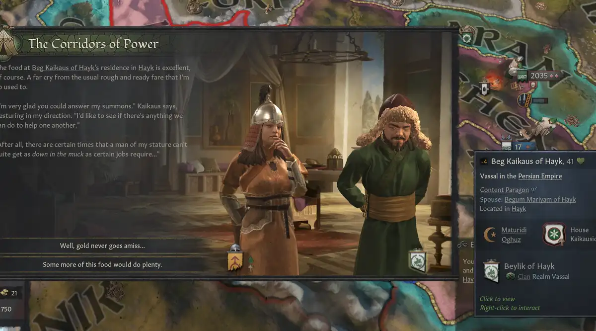 A screenshot from the game Crusader Kings III shows a dialogue scene titled 'The Corridors of Power' where a female…