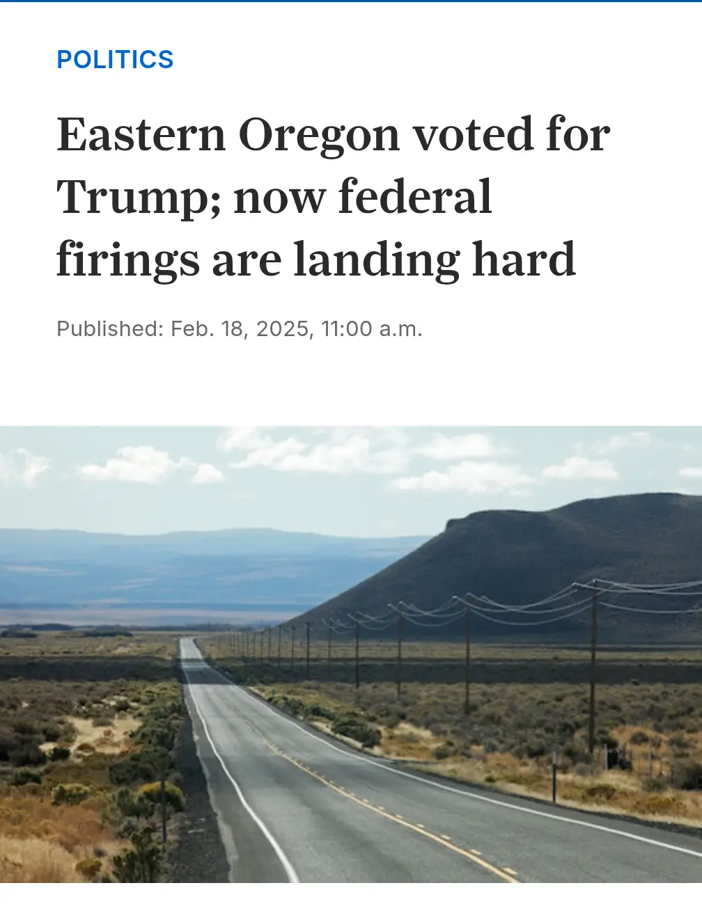 A news article header with the title 'Eastern Oregon voted for Trump; now federal firings are landing hard' under a…