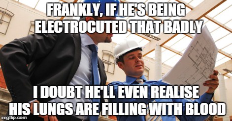 Two men in construction attire, one in a hard hat holding blueprints, the other in a suit leaning in, with overlaid text…
