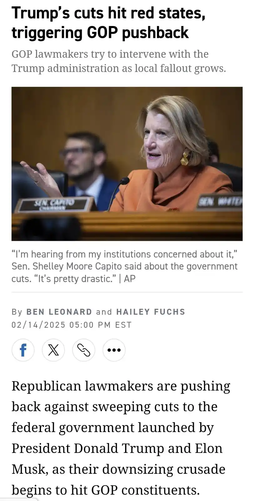 A screenshot of a news article shows Senator Shelley Moore Capito speaking at a hearing, with a headline overlay reading…