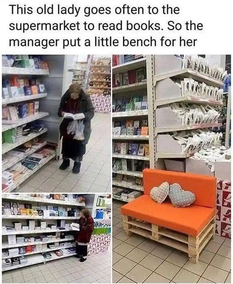 A three-panel image shows an elderly woman reading books in a supermarket aisle, followed by a shot of a newly installed…