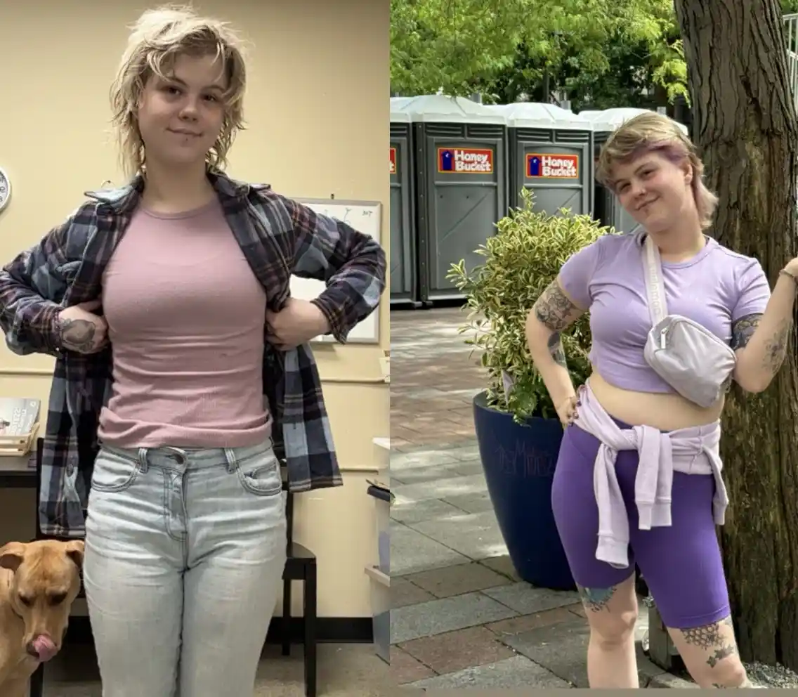 A split image shows a person in two different outfits and settings. Left: indoors, wearing a pink shirt and plaid shirt…