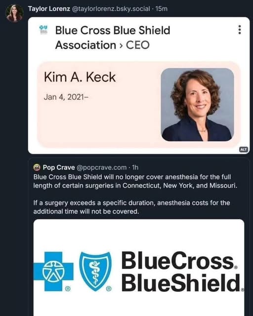 A screenshot of a social media post showing a LinkedIn profile for Kim A. Keck, CEO of Blue Cross Blue Shield Association…