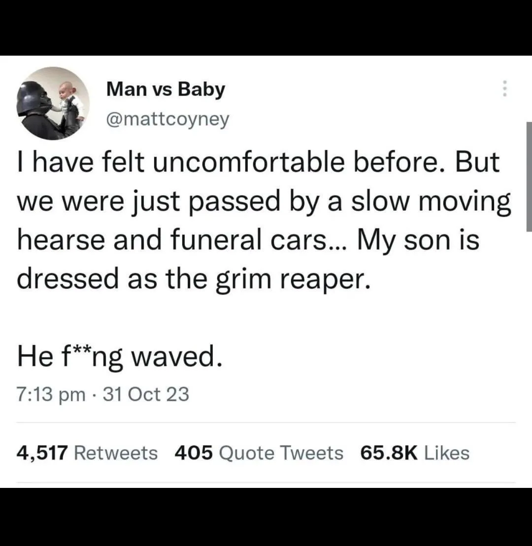 A screenshot of a tweet from 'Man vs Baby' (@mattcoyney) showing a baby dressed as the grim reaper. The tweet text describes…