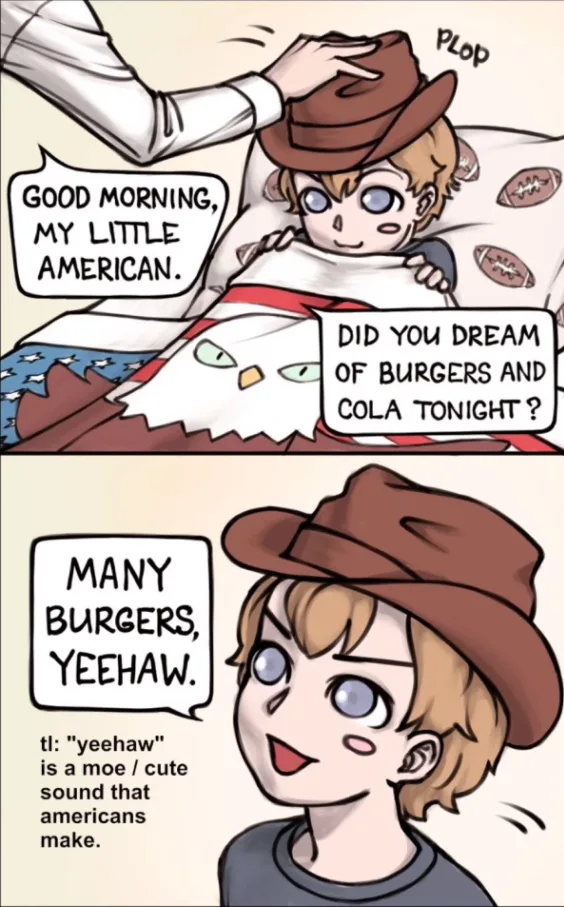 A two-panel comic shows a cartoon boy in a cowboy hat waking up in bed with an eagle-themed blanket. A hand places the hat…