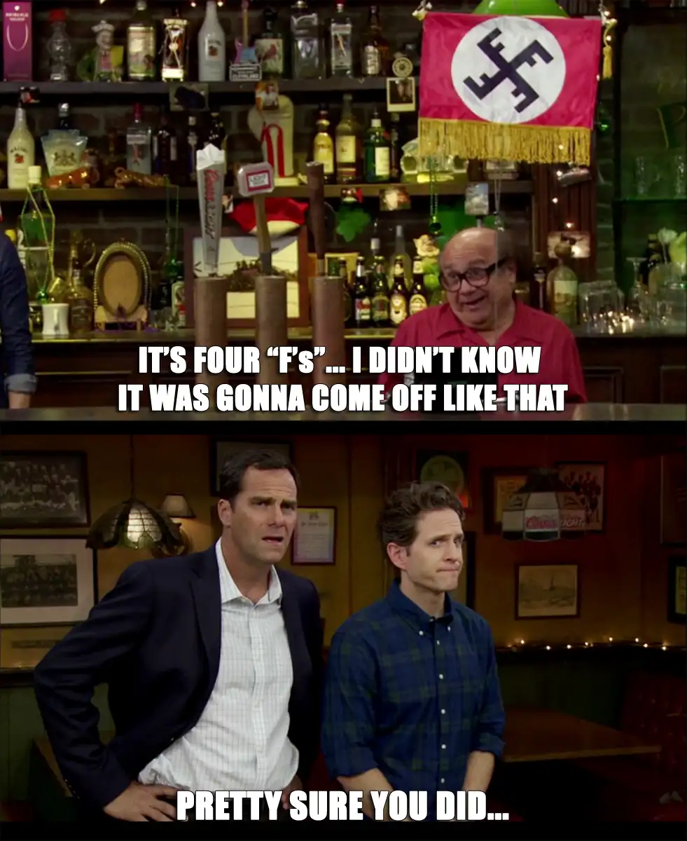 The top panel shows a man in a red shirt behind a bar, smiling, with a red flag featuring a black swastika-like symbol…