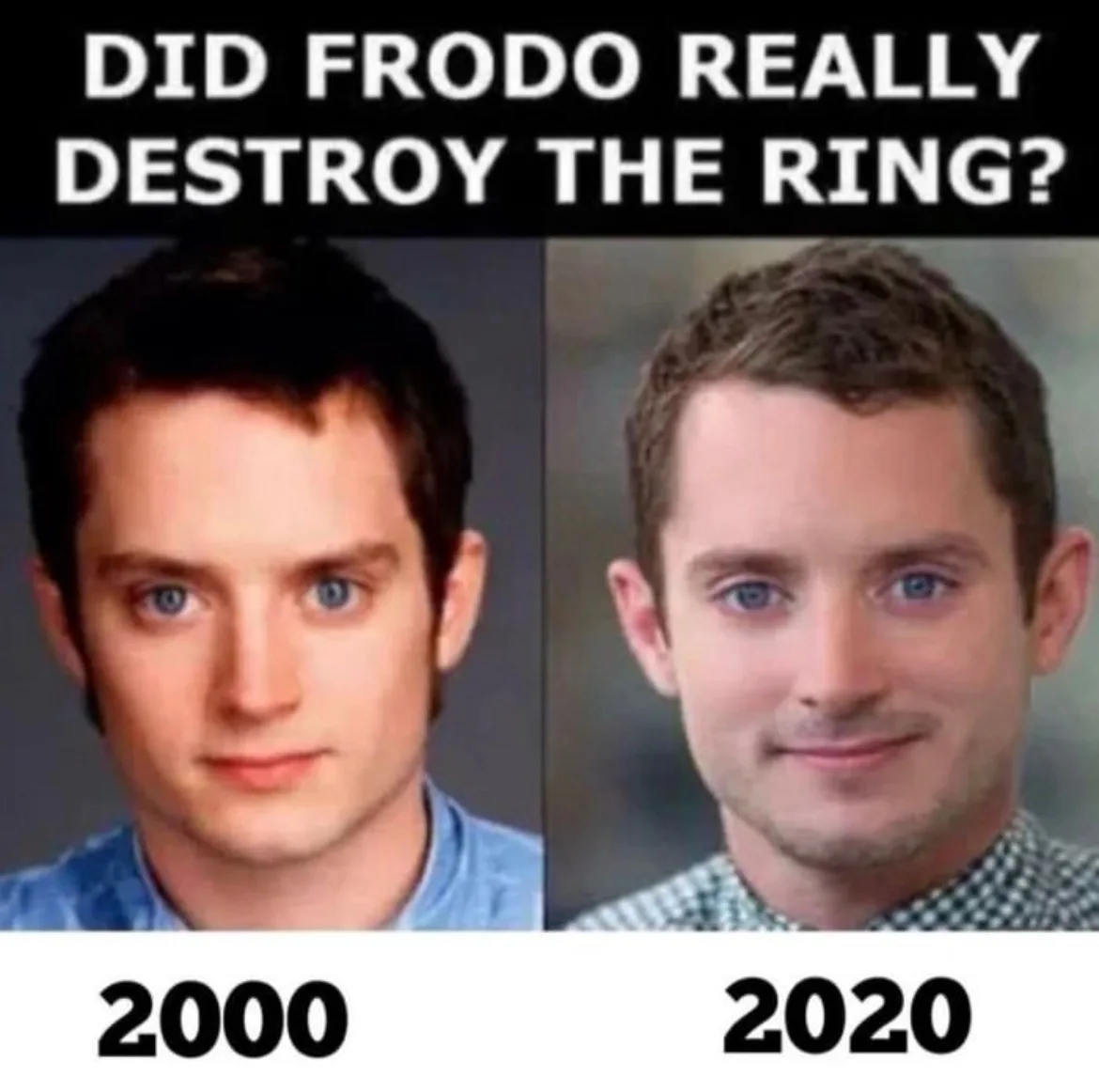 The image shows two side-by-side headshots of actor Elijah Wood, labeled '2000' and '2020', illustrating his aging…