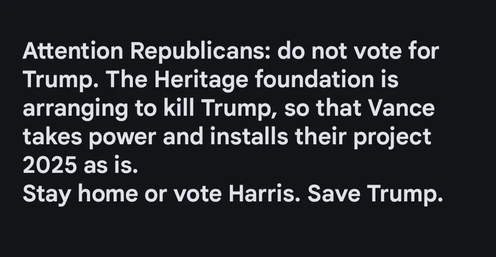 The image is a plain black background with white text that reads: 'Attention Republicans: do not vote for Trump. The…