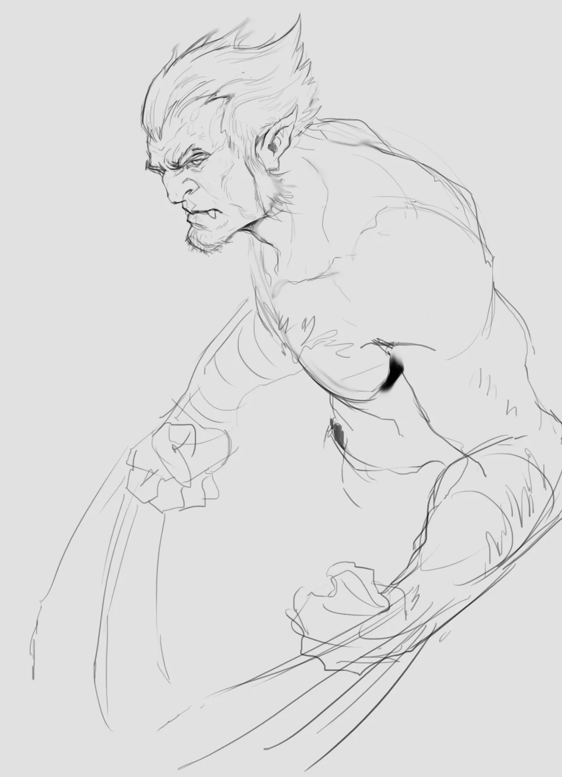 A rough black-and-white sketch depicts a muscular, feral-looking humanoid with pointed ears, snarling and tensed as if ready…