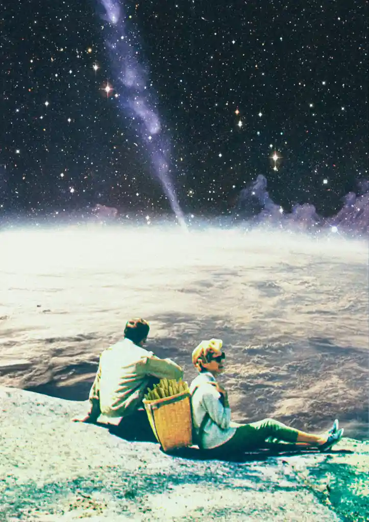 Two people sit on a rocky surface under a starry sky with a nebula, one holding a basket of fries. The text overlay reads…