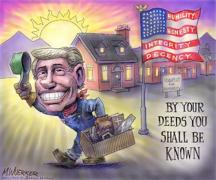 A cartoon caricature of a smiling man in overalls, holding a shovel and carrying a box of construction debris, stands before…