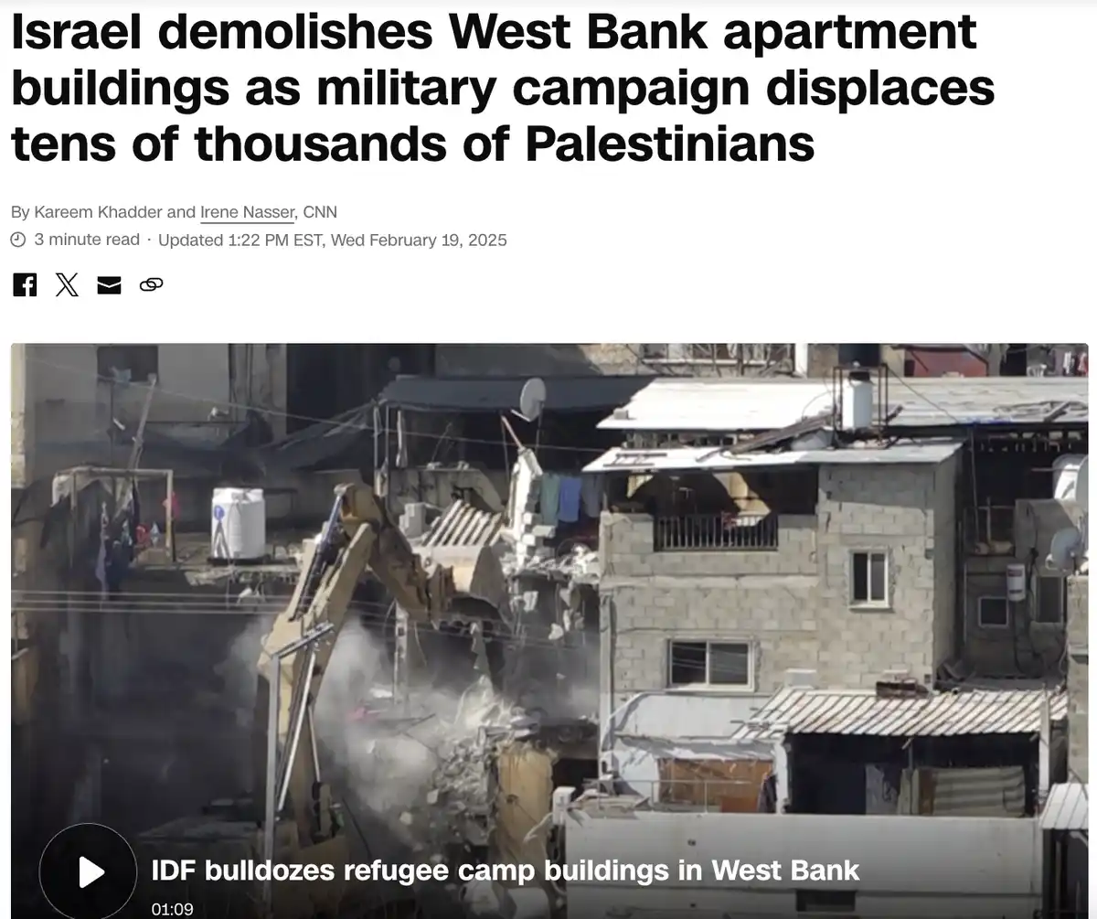 A screenshot of a CNN news article header showing a video thumbnail of a yellow excavator demolishing a multi-story building…