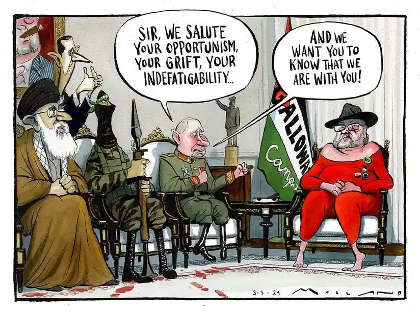 A political cartoon depicts a group of caricatured figures, including a man in a red jumpsuit and hat, a man in military…