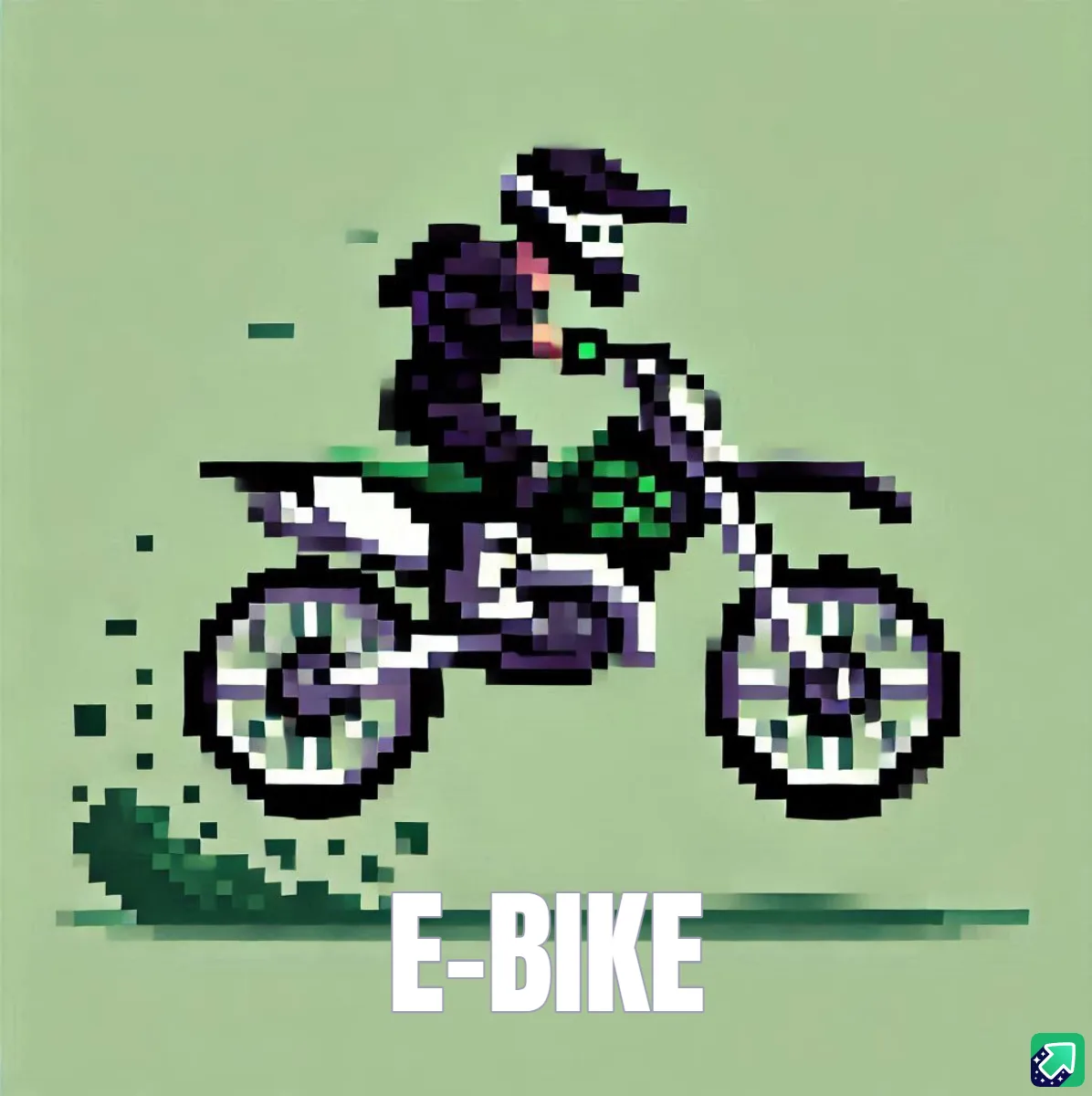 A low-resolution pixel art image shows a rider on a bicycle with green accents, appearing to jump or move quickly against a…