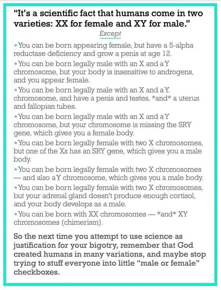 A white-background image with teal border contains black text. The text begins with a claim about human biological sex being…