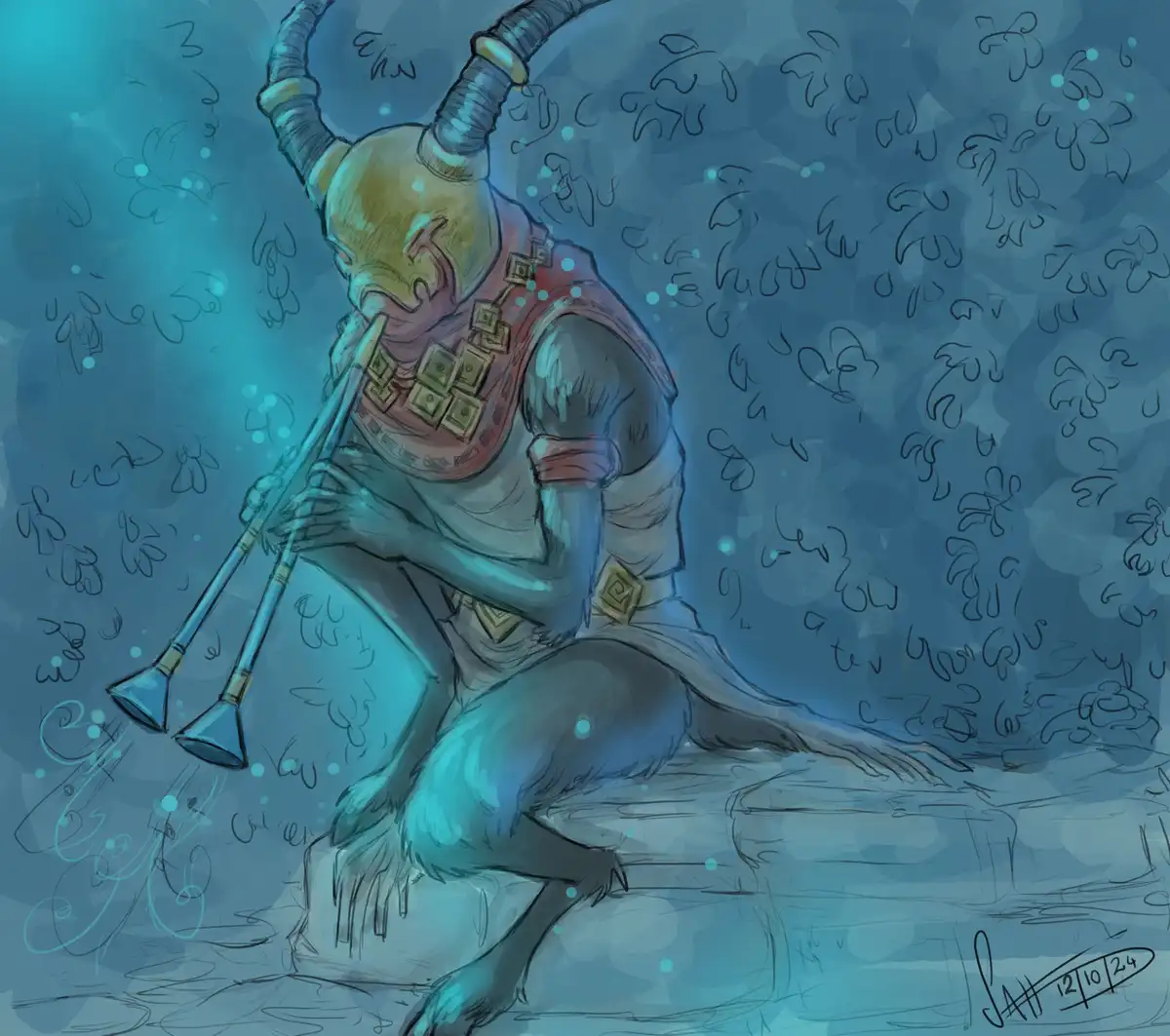 A stylized, horned, furry humanoid figure sits on a stone ledge underwater, playing a double-reed instrument while bubbles…