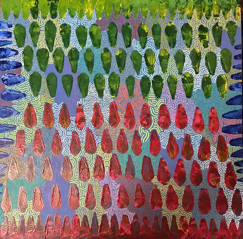 The image is a colorful, abstract artwork featuring rows of teardrop-shaped, translucent objects in green, red, and brown…