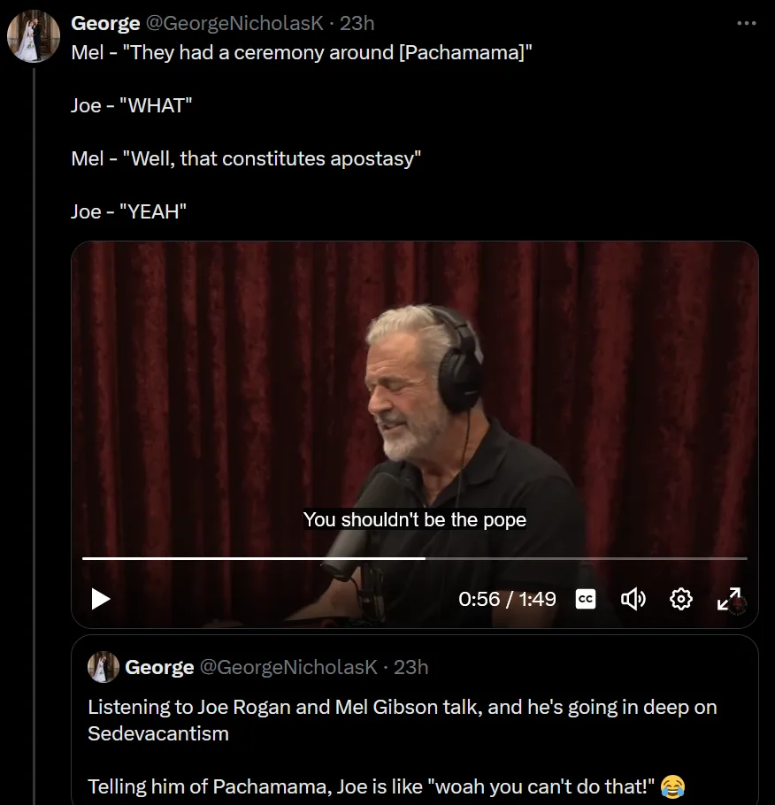 A screenshot of a Twitter post showing a video clip of Joe Rogan with headphones and a microphone, set against a red curtain…