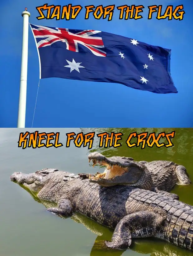 The image is split into two halves. The top half shows the Australian flag waving on a flagpole against a clear blue sky…