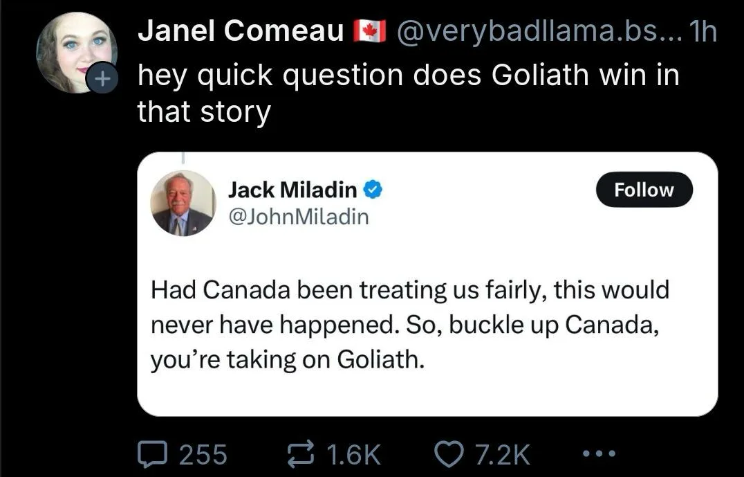 A screenshot of a Twitter thread shows a reply from Jack Miladin saying 'Had Canada been treating us fairly, this would…