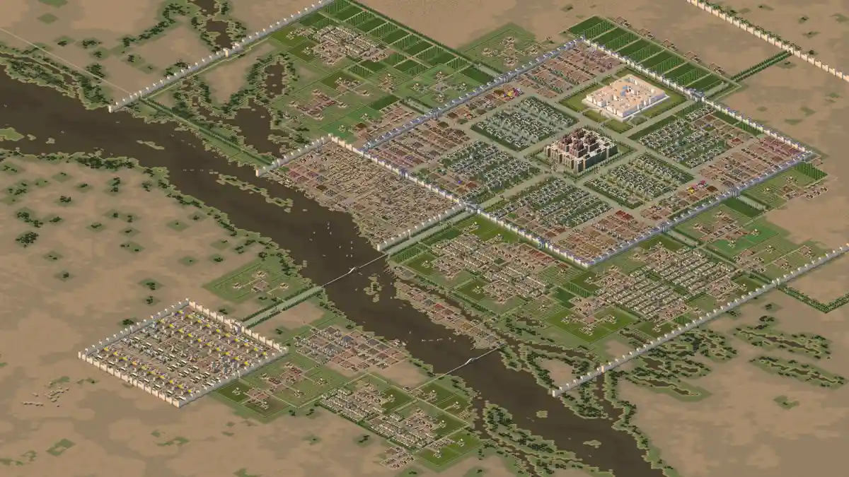 An aerial view of a highly organized, sprawling city in a strategy game, divided into neat rectangular districts by white…