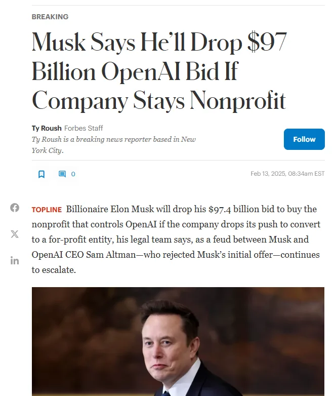 A screenshot of a Forbes news article with the headline 'Musk Says He'll Drop $97 Billion OpenAI Bid If Company Stays…