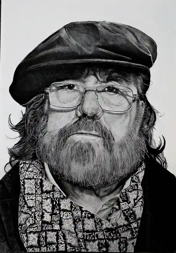 A detailed black-and-white pencil drawing of a man with a beard, glasses, and a flat cap, wearing a shirt with a chaotic…