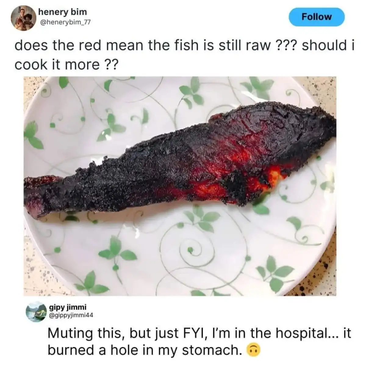 A social media post shows a heavily charred fish fillet on a white plate with green leaf patterns, with a red interior…