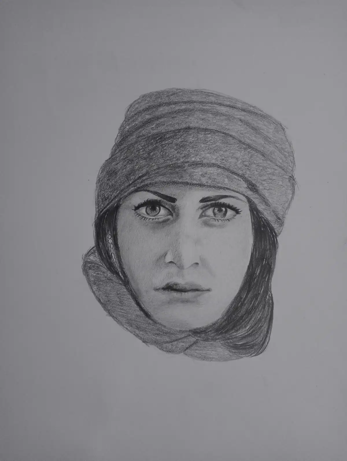 A detailed pencil sketch of a woman's face wearing a headscarf, with the overlaid text 'i'm not a fan of this hat'…