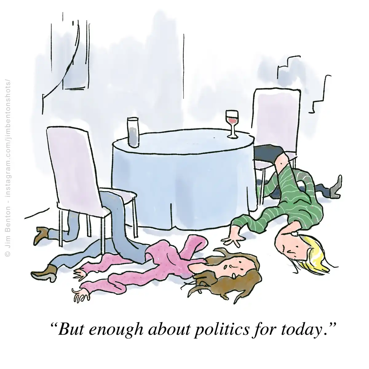 A cartoon depicts three people collapsed on the floor around a dining table, suggesting exhaustion or defeat from a…