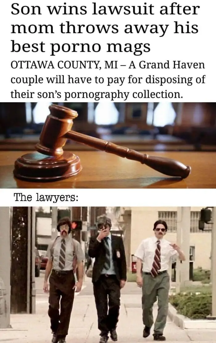 The image is a two-part meme. The top part shows a close-up of a wooden gavel on a stand, overlaid with text about a son…