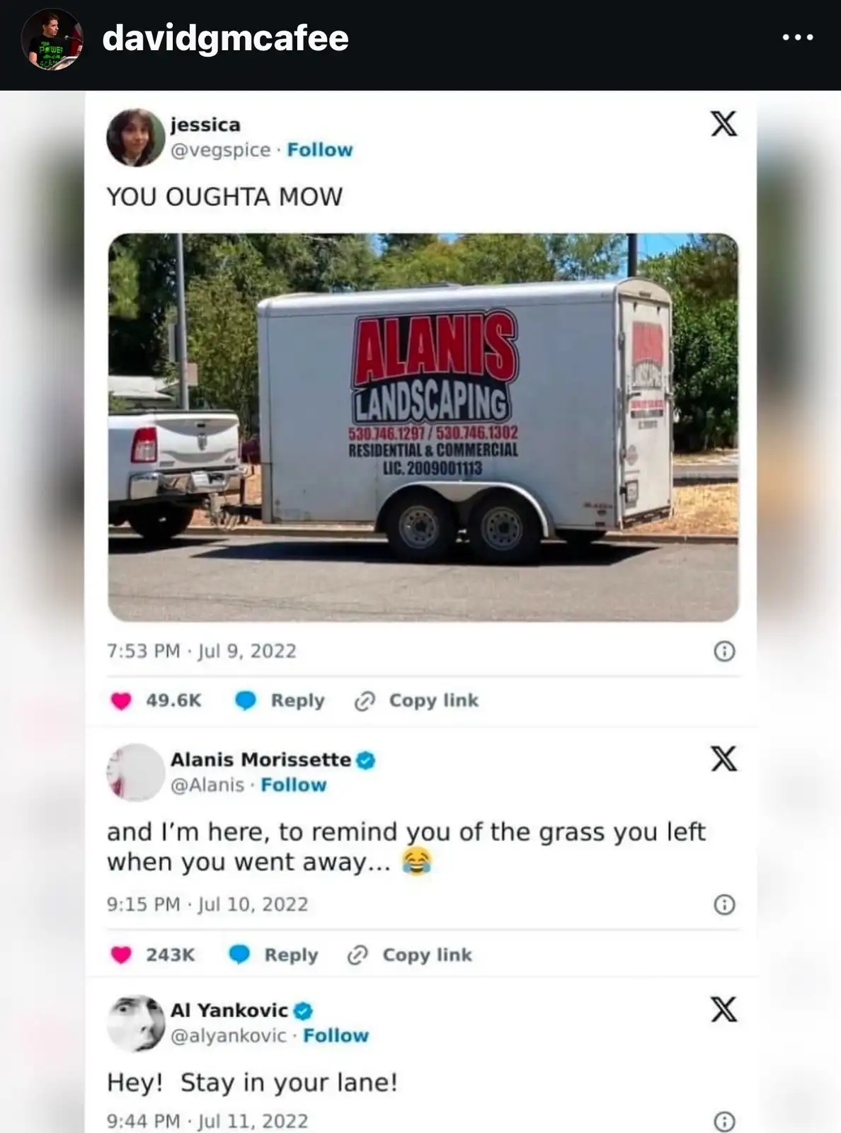 A screenshot of an X (Twitter) thread shows user 'jessica' posting a photo of a white trailer with 'ALANIS LANDSCAPING'…