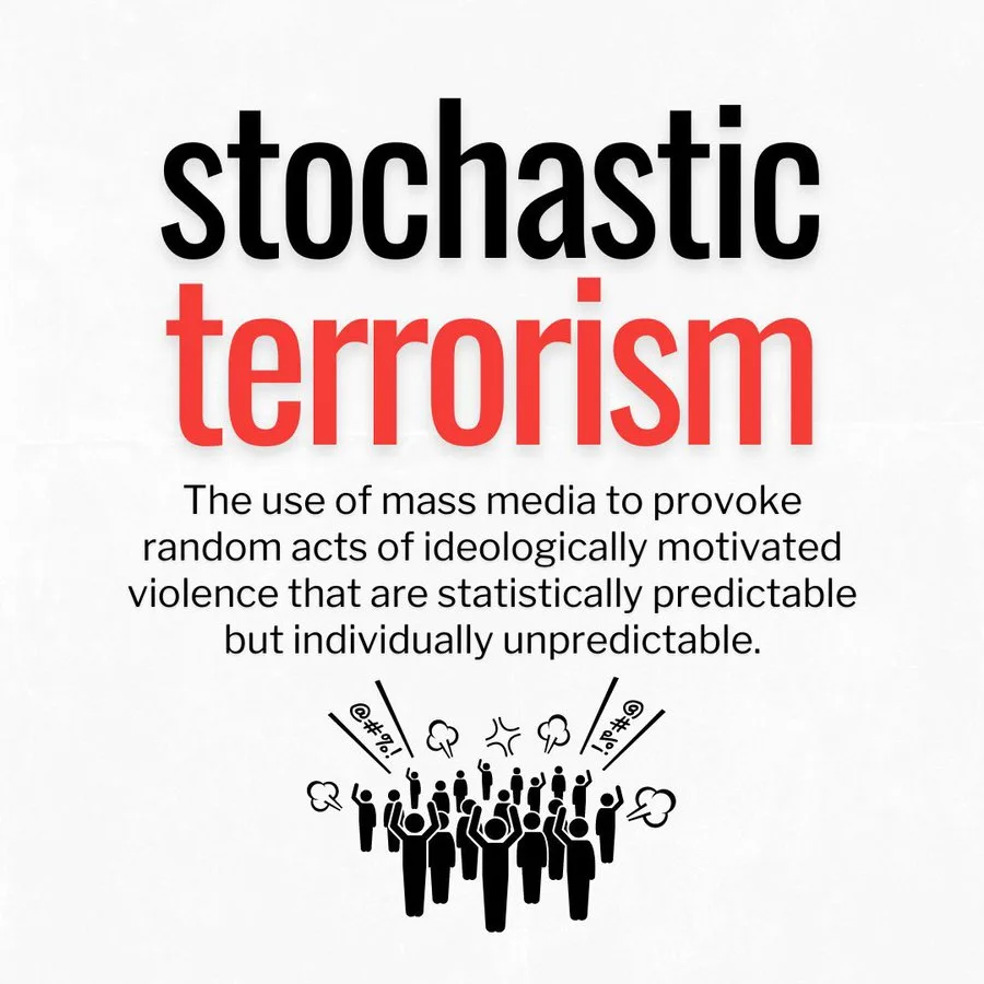 The image displays the phrase 'stochastic terrorism' in large black and red text, followed by a definition: 'The use of mass…