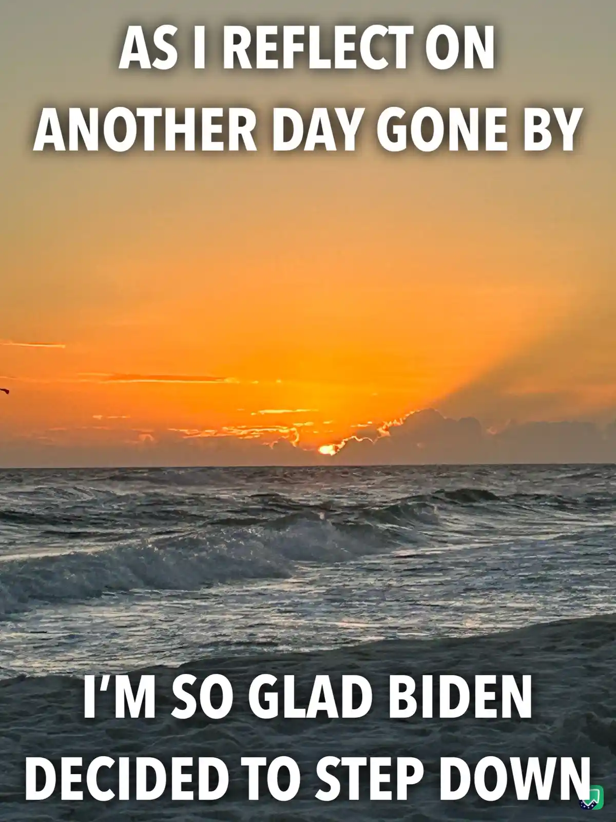 A serene sunset over the ocean with waves rolling in, overlaid with white text that reads 'AS I REFLECT ON ANOTHER DAY GONE…
