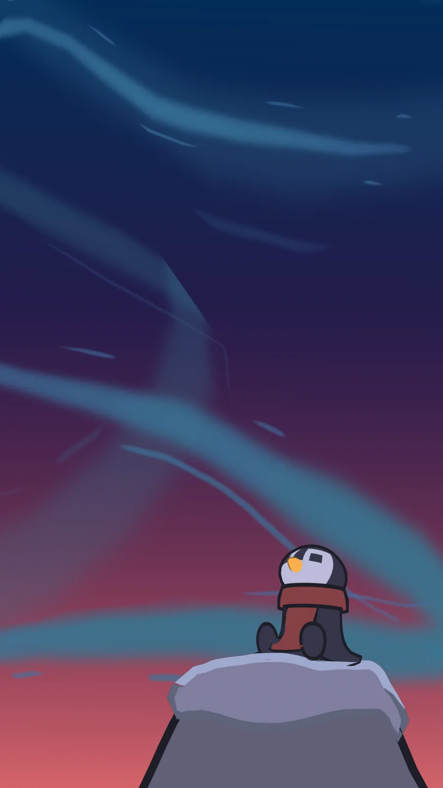 A small cartoon penguin wearing a red scarf sits atop a snowy cliff, gazing up at a vibrant aurora borealis with streaks of…