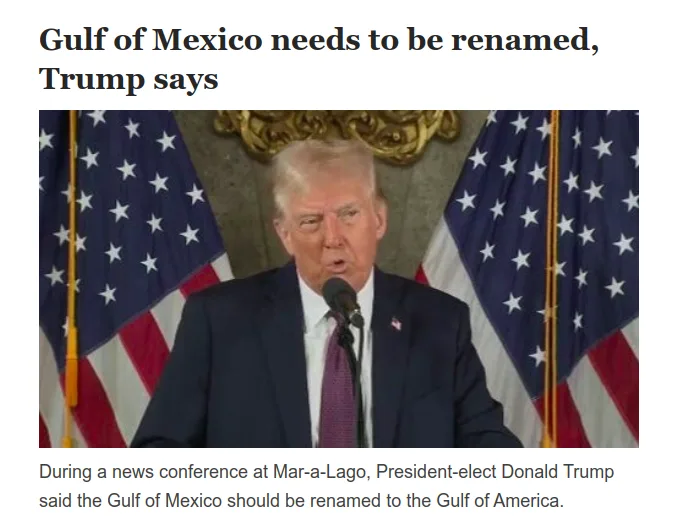 A photo of Donald Trump speaking at a podium with two American flags behind him. The overlaid text reads 'Gulf of Mexico…