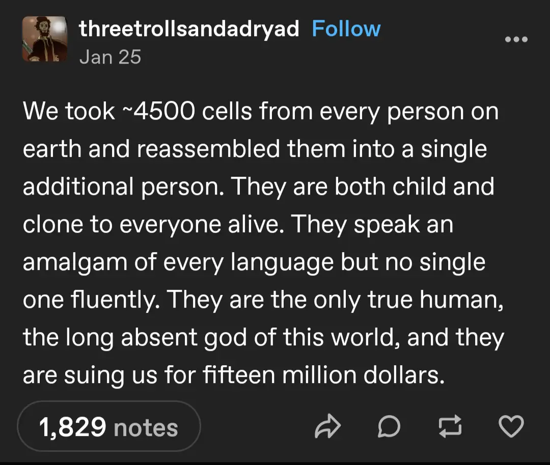 A screenshot of a Tumblr post with white text on a dark background. The text describes a fictional scenario where cells from…