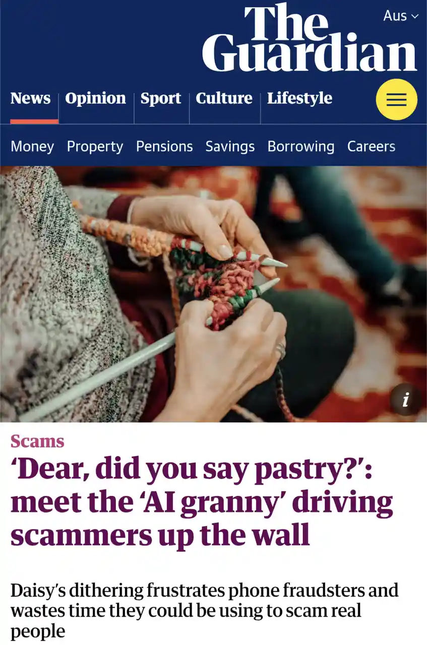 The image shows a screenshot of The Guardian's website with a headline about an AI-generated 'granny' scam. The photo…