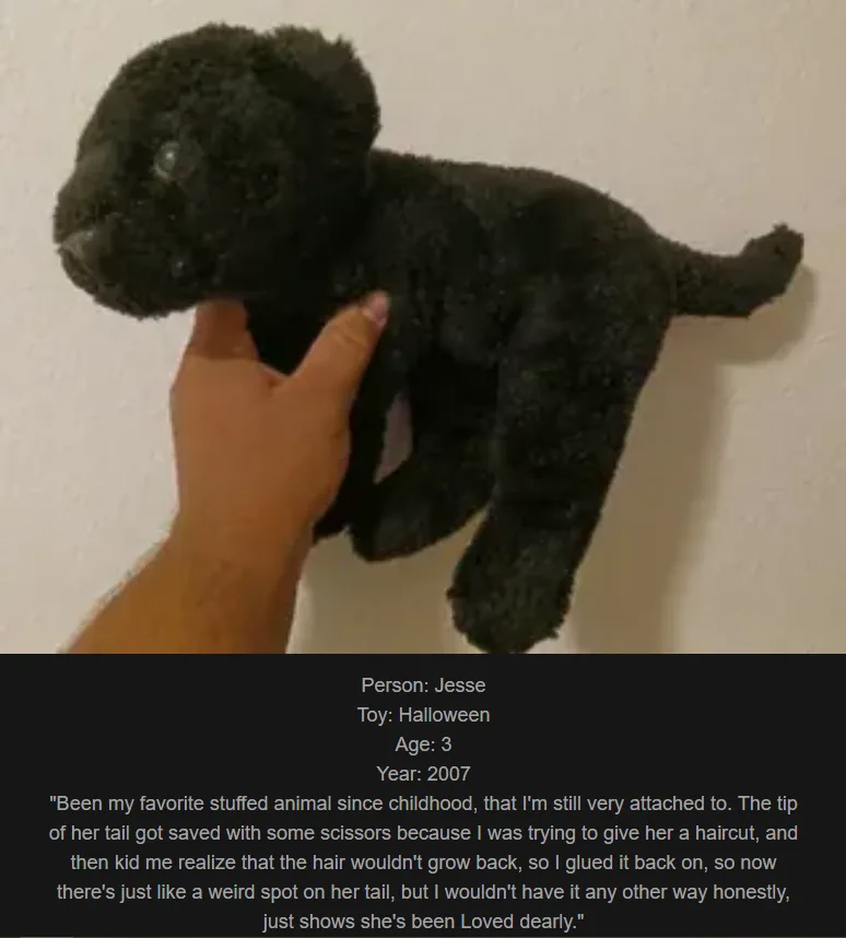 A hand holds a black, fuzzy stuffed animal puppy against a plain wall. The toy has a visibly altered tail with a glued-on…