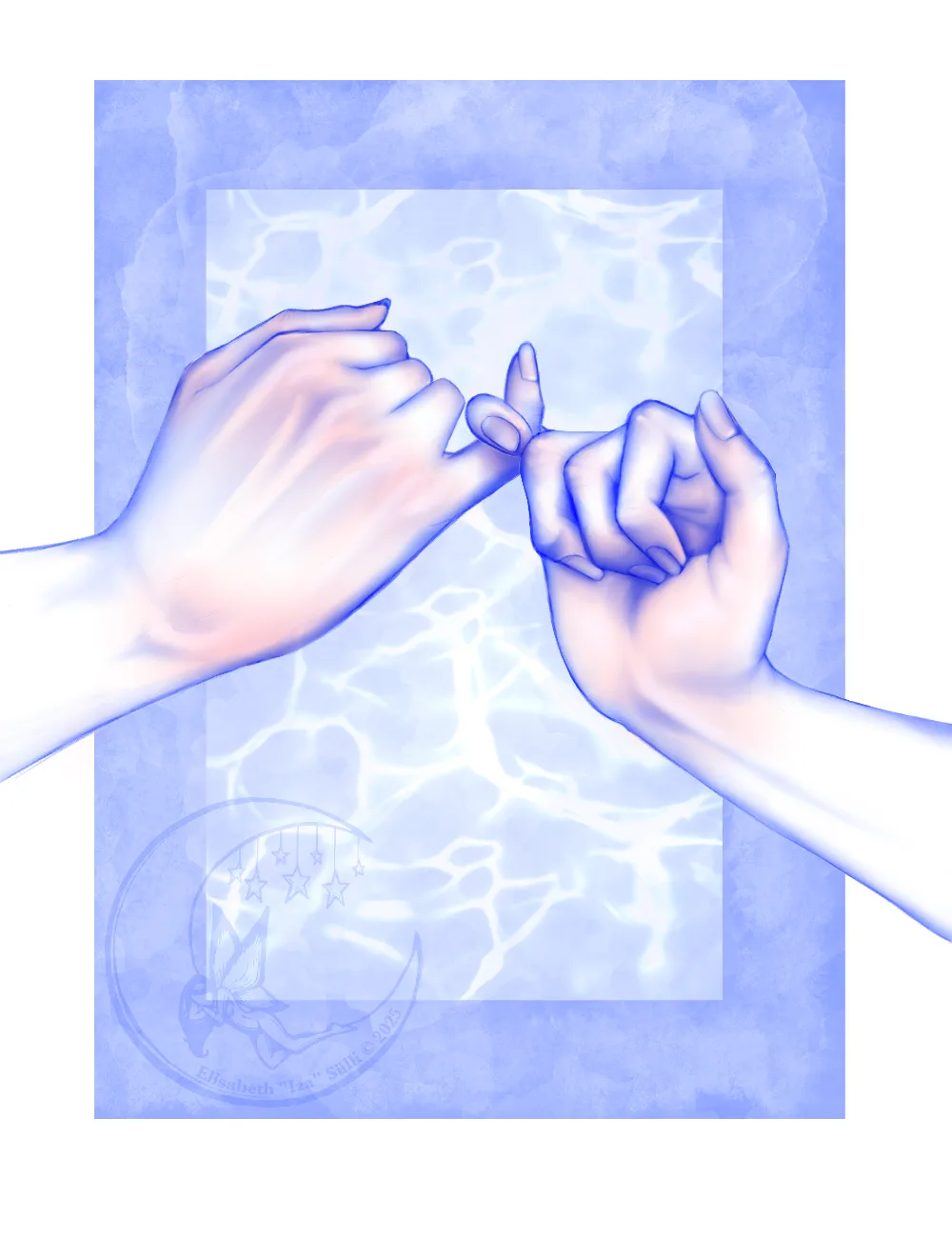 Two hands are shown underwater, one gently holding the other's finger, with light refracting through the water. The overlaid…