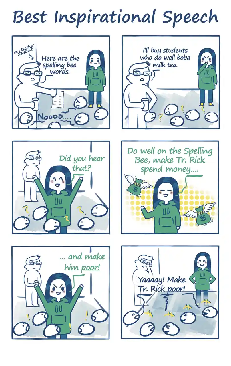 A six-panel comic titled 'Best Inspirational Speech' shows a teacher assistant announcing spelling bee words, then a student…