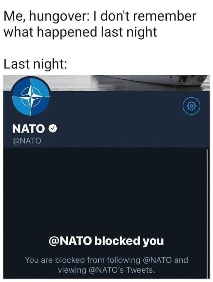 The image shows a screenshot of a Twitter/X interface displaying a blocked account notification from the official @NATO…