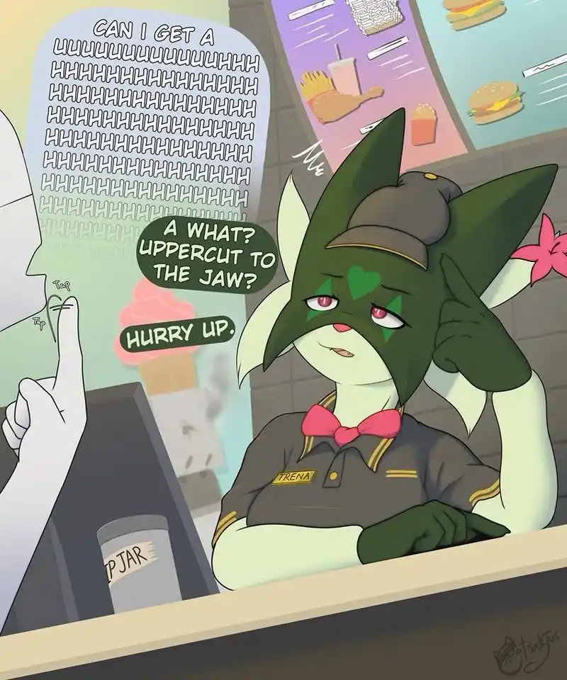A green anthropomorphic fox in a fast-food uniform named Trena looks annoyed while a customer asks for an 'uppercut to the…