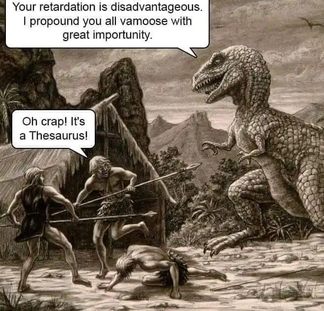 A sepia-toned illustration depicts prehistoric humans facing a large, menacing dinosaur. One human is on the ground, another…