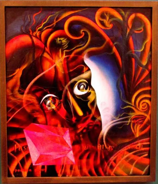 A framed abstract painting with swirling red, orange, and blue forms, featuring a prominent pink geometric shape in the…