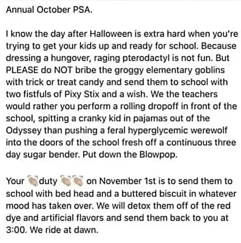 A white background image displays a humorous, satirical 'Annual October PSA' written in black text. The text humorously…
