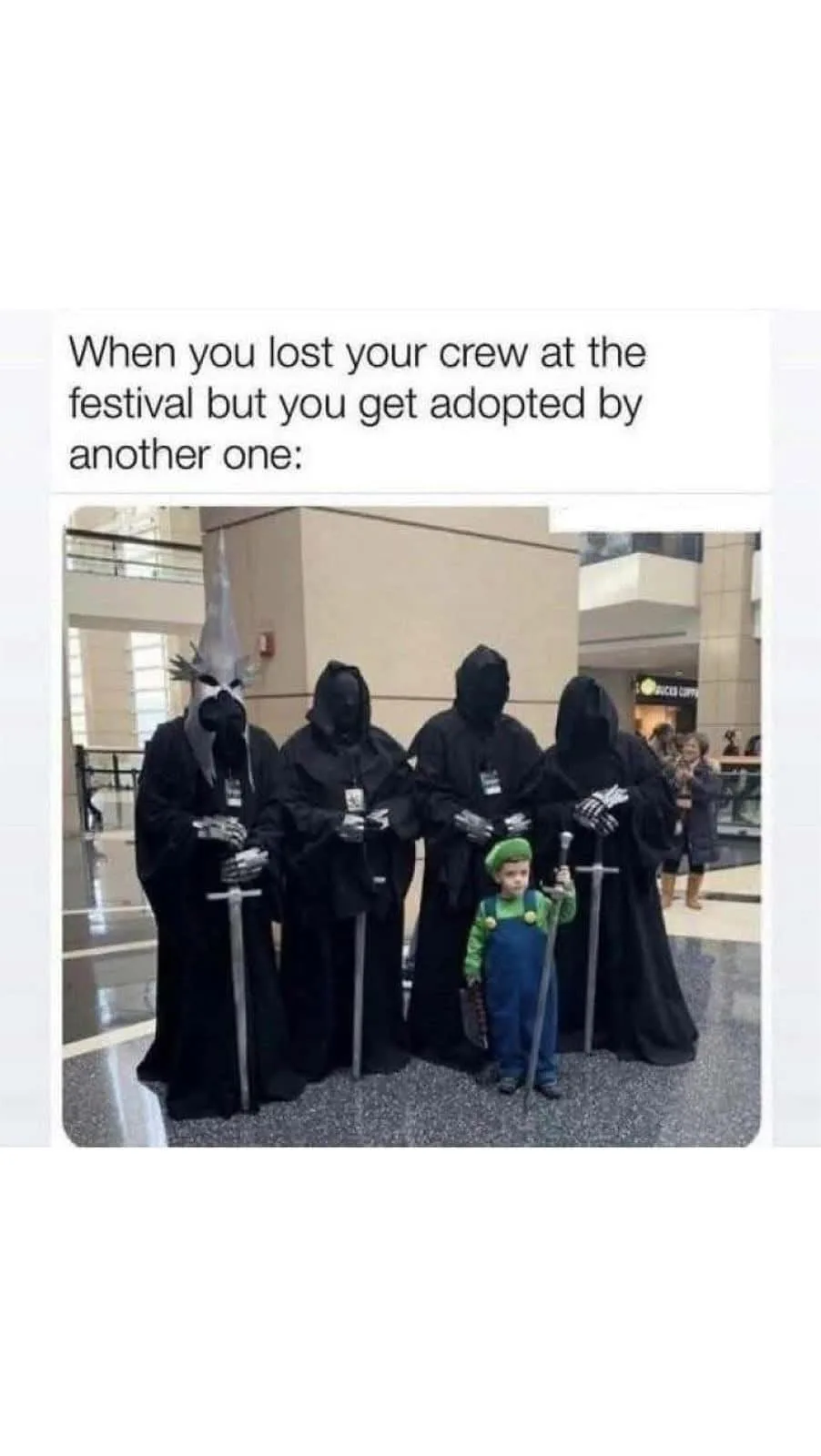 A photo shows a small child in a green Luigi costume standing in front of four adults dressed as Black Knights from the…